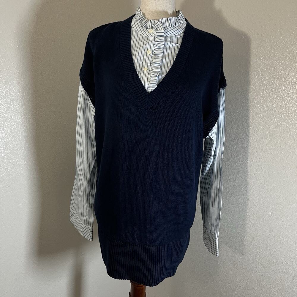 Loft Womens Navy Blue Knit Sweater Vest Pinstripe Ruffle Shirt 2-in-1 Top Sz XL